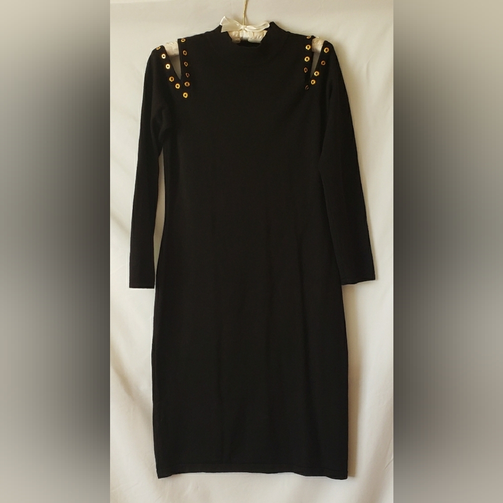 Allison Brittney Black and Gold Embellished Midi Dress